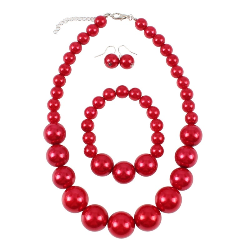 KOSMOS-LI Women's Large Big Simulated Red Pearl Statement 19" Necklace Bracelet and Earrings Jewelry Set Stocking Stuffers - Image 1